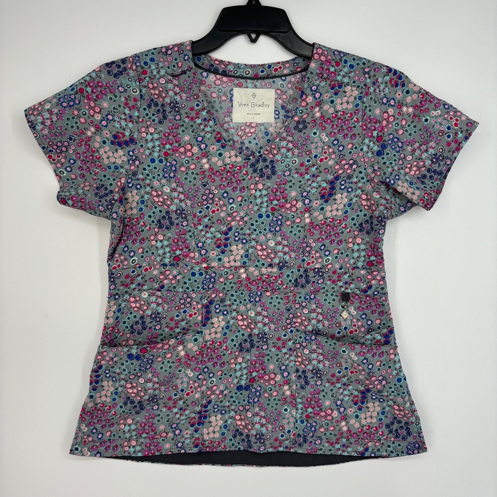 Vera Bradley Multicolor Floral Print V-Neck Scrub Medical Top (Pink, Blue, Teal)